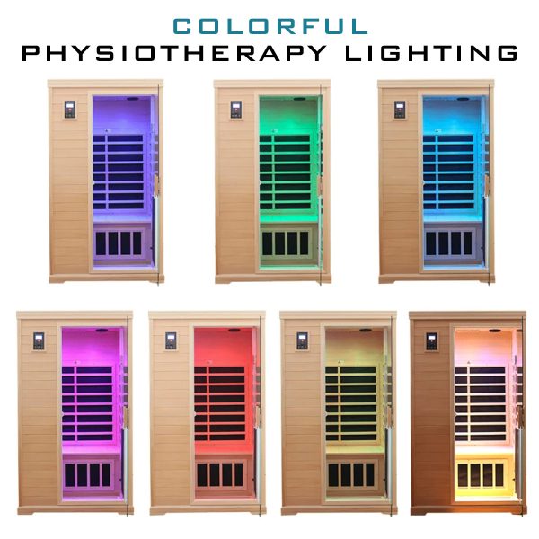 Image shows six wooden therapy booths, each illuminated with different colored lights: blue, green, purple, orange, red, and yellow. Text above reads "Recover Fast Therapy" for colorful physiotherapy lighting featuring the RFT Two Person Infrared Sauna.